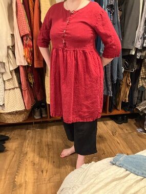 Women’s Red Linen Midi Dress with Button Front